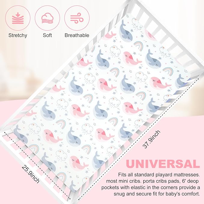 Pack n Play Fitted Sheet .2 Piece Mini Crib Sheet. Stretch Playard Sheet Portable Sheet Set. Elastic Convertible Playard Pad. Compatible with Graco Pack n Play (Rainbow Whale & Elephant)