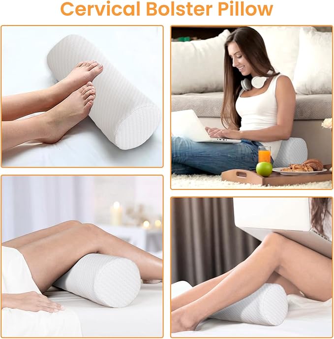Neck Pillow for Sleeping, Cervical Pillow with Washable Zippered Cover, Cervical Round Pillow for Support with Breathable Cover, Tube Roll Cervical Pillow for Head, Neck, Back Support (White)