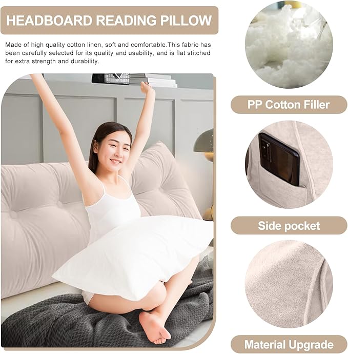 Large Triangular Headboard Pillows Long Backrest Positioning Support Bolster Cushion for Daybed Fluffy Quality Plush Body Wedge Pillow with Removable Cover(White-King-76x8x20in)