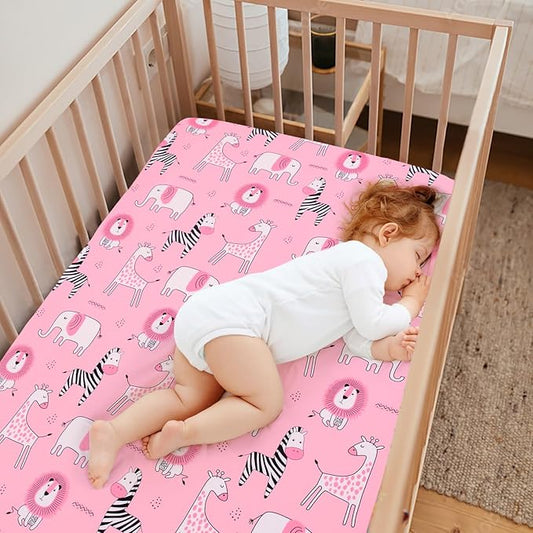 JISEN Baby Crib Sheets Soft Breathable Pink Fitted Crib Sheets Baby Sheet for Standard Crib and Toddler Mattress Baby Bed Sheets for Crib for Baby Boys Girls Neutral 52x28 Inch Elephant