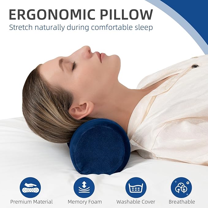 Cervical Neck Pillow Roll Memory Foam Support Round Pillows for Pain Relief Sleeping, Bed, Legs, Back and Yoga Blue 17 x 4.5 Inches