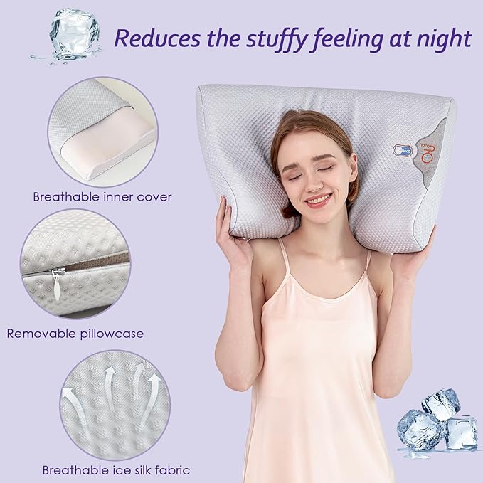 Silicone Cervical Pillow for Pain Relief, Shoulder & Neck Support Machine Washable Silicone Neck Pillow with Cool Silk Breathable Pillowcase, Ergonomic Pillow for Side, Back, Stomach Sleepers