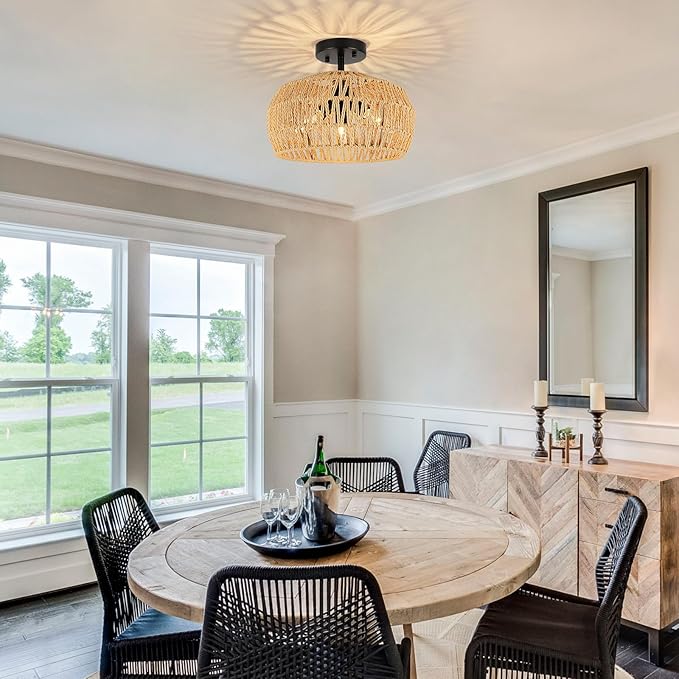 Rattan Light Fixtures Ceiling Mount, 3-Lights Boho Semi Flush Mount Ceiling Light, Farmhouse Woven Ceiling Lighting, Rustic Wicker Chandelier for Hallway Bedroom Kitchen Entryway