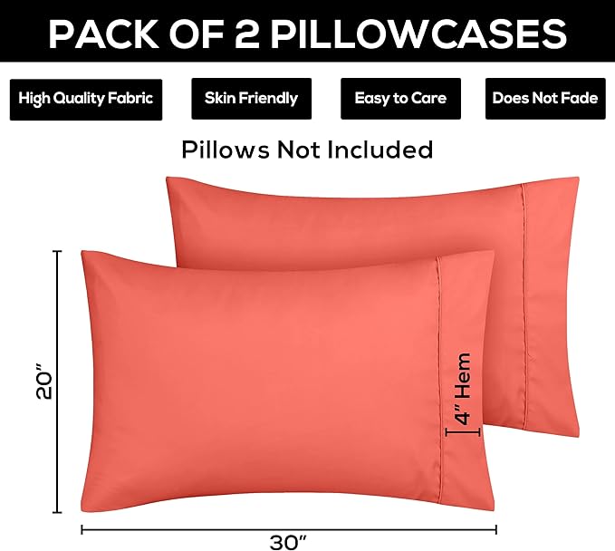 Utopia Bedding Queen Pillow Cases - 2 Pack - Envelope Closure - Soft Brushed Microfiber Fabric - Shrinkage and Fade Resistant Pillow Covers 20 X 30 Inches (Queen, Coral)