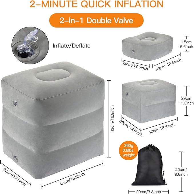 Inflatable Foot Rest Airplane - Adjustable Air Travel Bed for Kids with Pump - Plane Leg Rest Pillow for Adults - Perfect for Long Flights, Cars, Trains, and Home - Light Gray, 1 Pack
