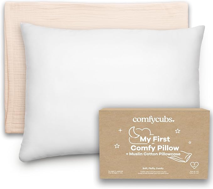 Comfy Cubs Toddler Pillow with Soft Muslin Pillowcase, 13"x18", Cream - Kids Pillow for Sleeping & Travel - Adorable & Comfortable Small Pillow - Kids Travel Pillow with Breathable Microfiber Fill
