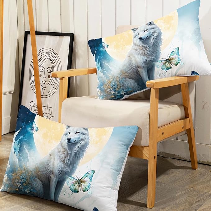 AILONEN Wolf Fitted Sheet Set Full Size, Blue Tie Dye Wolf Bed Sheet Set Decor,3 Pieces Moon Wolf Sheet Set,Modern Watercolor Wolf and Butterfly Fitted Sheet with 2 Pillowcases