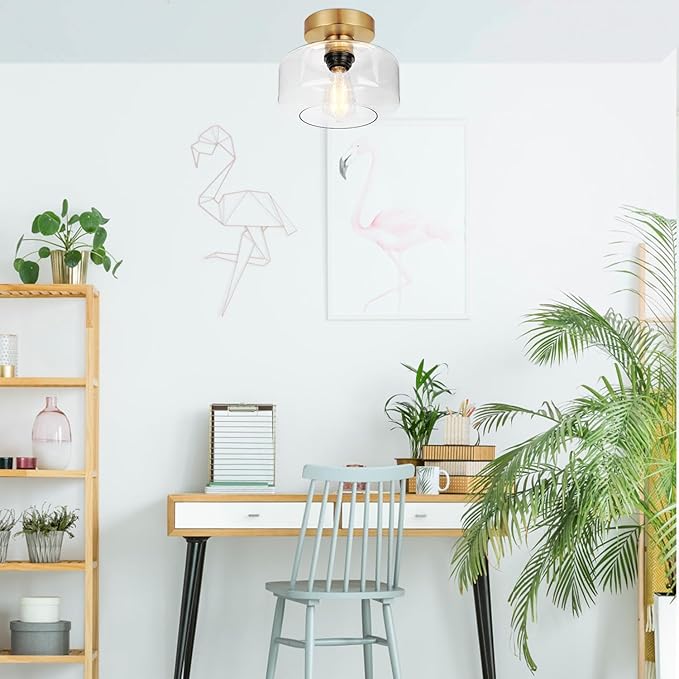 Industrial Semi Flush Mount Ceiling Light Brushed Gold, 800 Lumen LED Bulb Included, Clear Glass Shade Ceiling Light Fixture, Light Fixture for Hallway Bathroom Bedroom, Vintage Hanging Light Fixtures