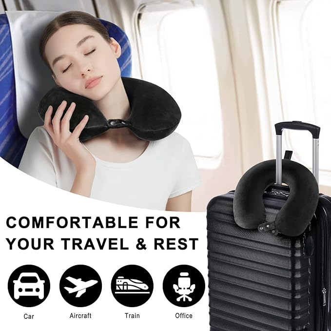 Travel Neck Pillow Airplane, Soft Memory Foam Support Head Neck Chin, with Removale Cover and Adjustable Snap Button, Comfortable Sleeping in Plane Car Train Traveling Office Home, Black