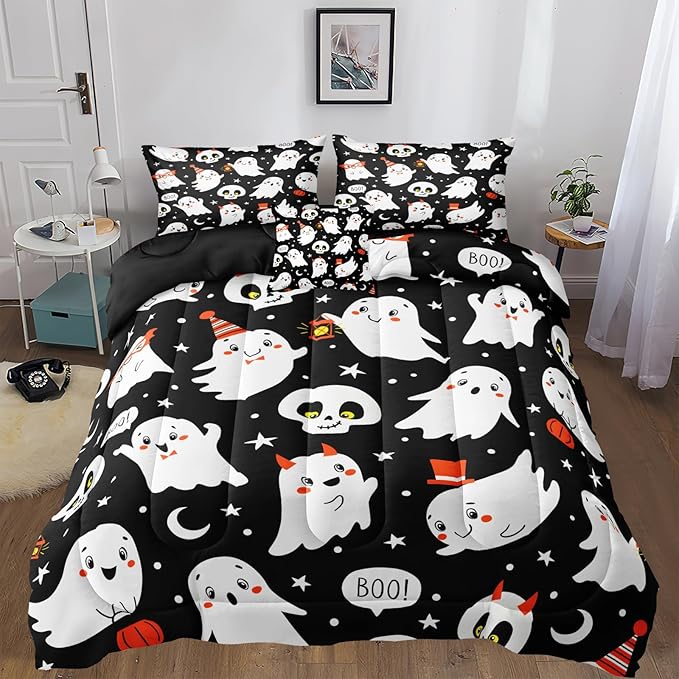 Bedbay Happy Halloween Comforter Set Queen Size Cartoon Ghost Horror Themed Bedding for Kids Boys Teen 4 Pcs Soft Microfiber Bedding Sets for All Season(Ghost,Queen)