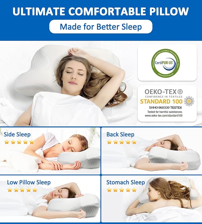 Cervical Neck Pillow for Sleeping, Memory Foam Pillow for Pain Relief, Orthopedic Contour Bed Pillow for Side, Back & Stomach Sleepers with Cooling Pillowcase