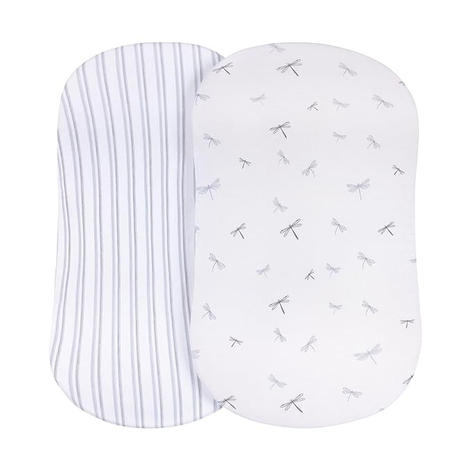 Ely's & Co. Fitted Bassinet Sheet 100% Jersey Cotton 2 Pack for Baby Boy Blue Dragonflies + Stripes