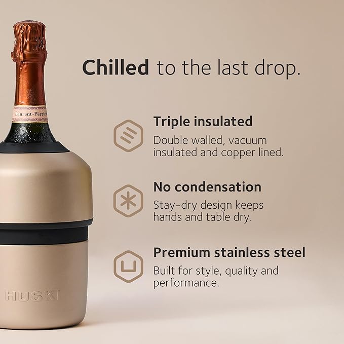 Huski Champagne Chiller | NEW | Award-Winning Iceless Design with Detachable Bottle Stopper | Keeps Wine Cold up to 6 Hours | Fits most 750ml Champagne, Prosecco & Sparkling Wine Bottles (White)