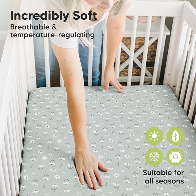 Pack and Play Sheets Fitted, 2-Pack Mini Crib Sheets - Pack N Play Sheets, Organic Fitted Crib Sheet for Pack and Play Mattress, Playard Baby Crib Sheets, Crib Sheets Neutral for Boys (Daisies)