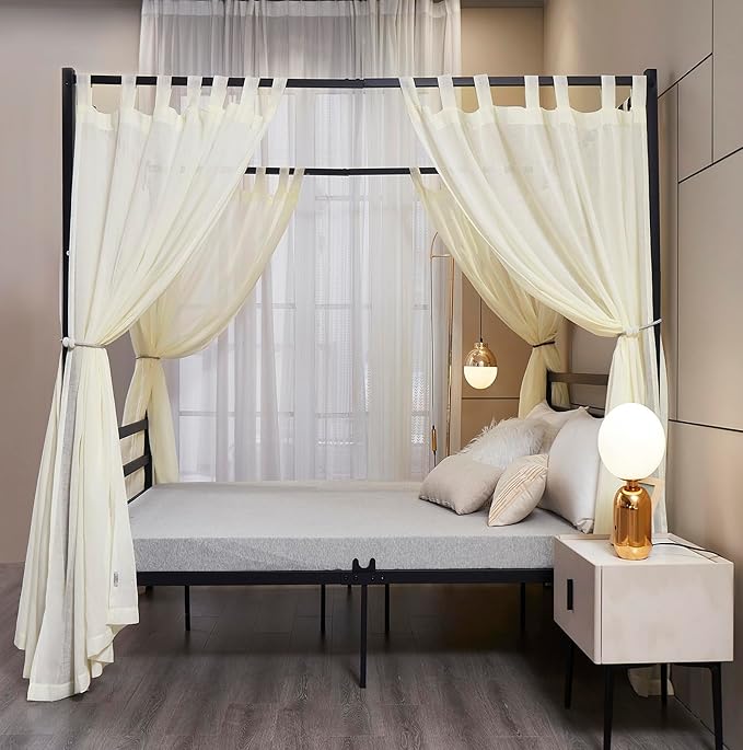 Mengersi Linen Canopy Bed Curtains for Twin,Full,Queen and King Size Bed,Bed Canopy Natural Blended Curtain Panels, 8 Panels Set (All Bed Sizes, Ivory)