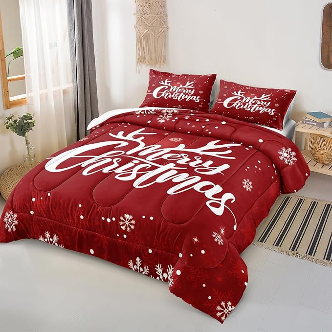 Bedbay Comforter Set King Size Christmas Bedding Set Xmas Elk Snowflakes Printed 4 Pcs Microfiber Soft Xmas Festival Bedding Set 1 Comforter 2 Pillowcases 1 Cushion Cover(Red,King)