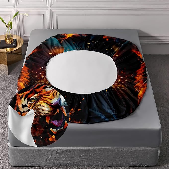 AILONEN Tiger Fitted Sheet Set Queen Size for Boys, Safari Tiger Bed Sheet Set for Kids Teen,3 Pieces Wildlife Bedding Flame Animal Tiger Print Fitted Sheet with 2 Pillowcases