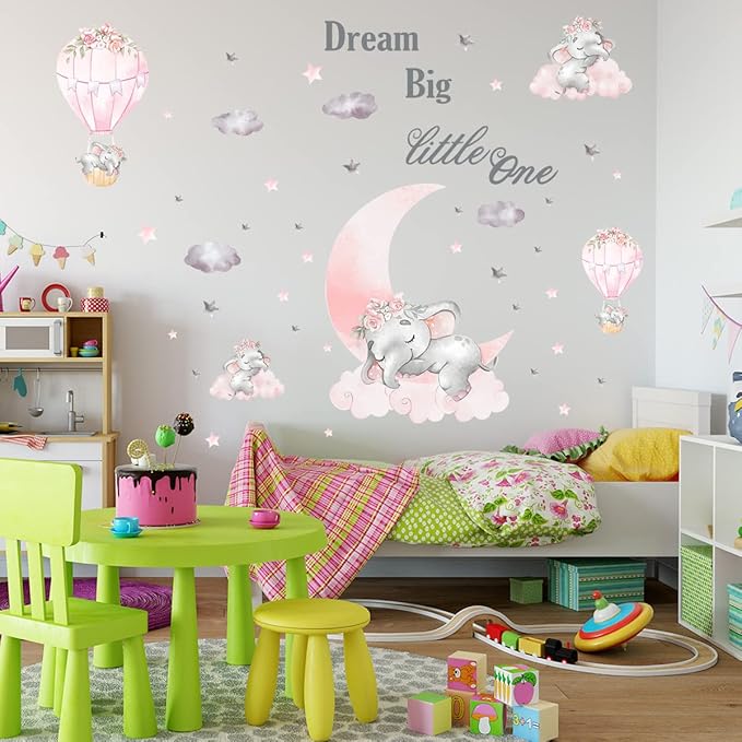 Dream Big Little One Elephant Wall Stickers - Pink & Gray Design, 110cm x 43.3in