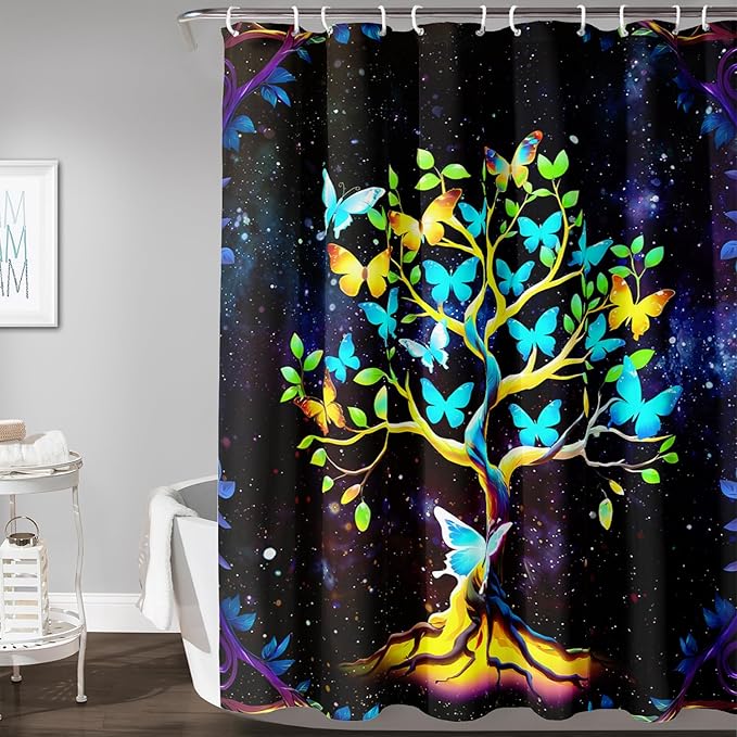 AILONEN Tree of Life Shower Curtain for Bathroom,Galaxy Starry Glowing Tree of Life Bath Curtain,Colorful Tree Shower Curtain Waterproof with 12 Plastic Hooks for Boys Girls Adults 72" W*72" H
