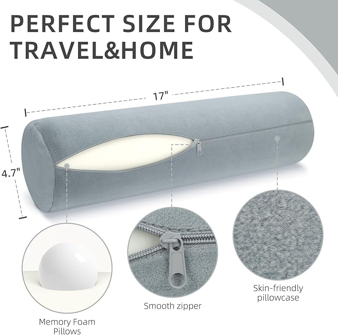 Cervical Neck Pillow with 2 Pillowcases Roll Memory Foam Support Round Pillows for Pain Relief Sleeping, Bed, Legs, Back and Yoga 17 x 4.5 Inches