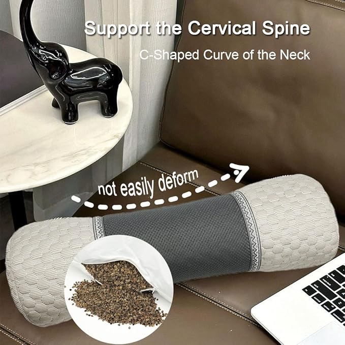 Buckwheat Pillow for Sleeping, Bolster Neck Support Pillow, Adjustable Firm Cervical Cylinder Roll Pillow for Shoulder Pain Relaxation, Khaki 5"x20"