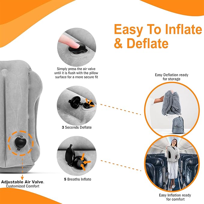 Inflatable Travel Pillow - Airplane Pillow for Neck Support on Long Flights, Buses, Cars, Office & Trains - Comes with Eye Mask, Earplugs & Portable Drawstring Bag - Grey