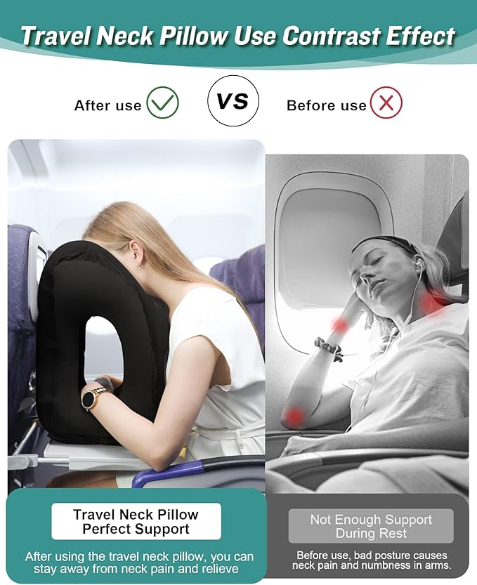 JefDiee Inflatable Travel Pillow, Airplane Neck Pillow Comfortably Supports Head and Chin for Airplanes, Trains, Cars Office Napping on The Tray Table (Black)