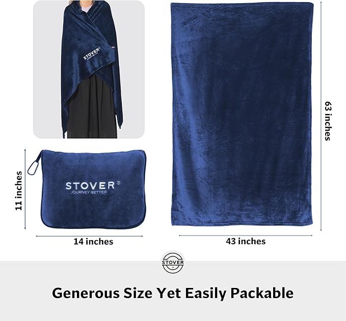STOVER 2-in-1 Combo Airplane Travel Blanket & Pillow Bag- Lightweight, Compact, Packable, Warm Premium Fleece Set for Long Flights- w/Luggage Sleeve & Backpack Clip- for Men, Women & Families (Blue)