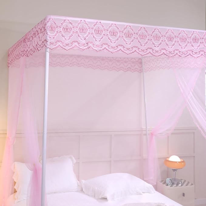 Bed Canopy, Princess Bed Curtain Net for Girls & Adults，Three-Doors Rectangle Lace Dome Netting (Baby Pink, King)