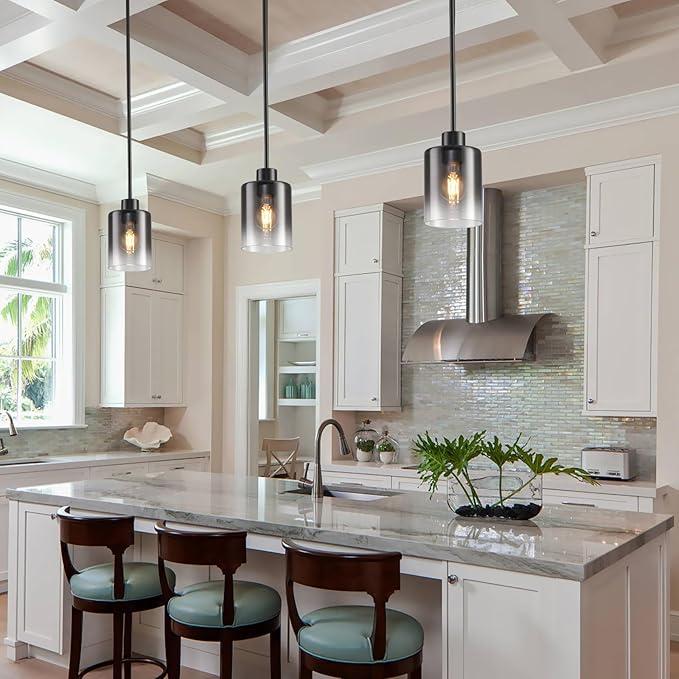 Black Pendant Lights Kitchen Island,Smoked Glass Pendant Light Fixture Multiple Stems Rods 3 Units 12 Inch 3 Units 4 Inch (2 Pack Smoked Glass+Black Downrod)