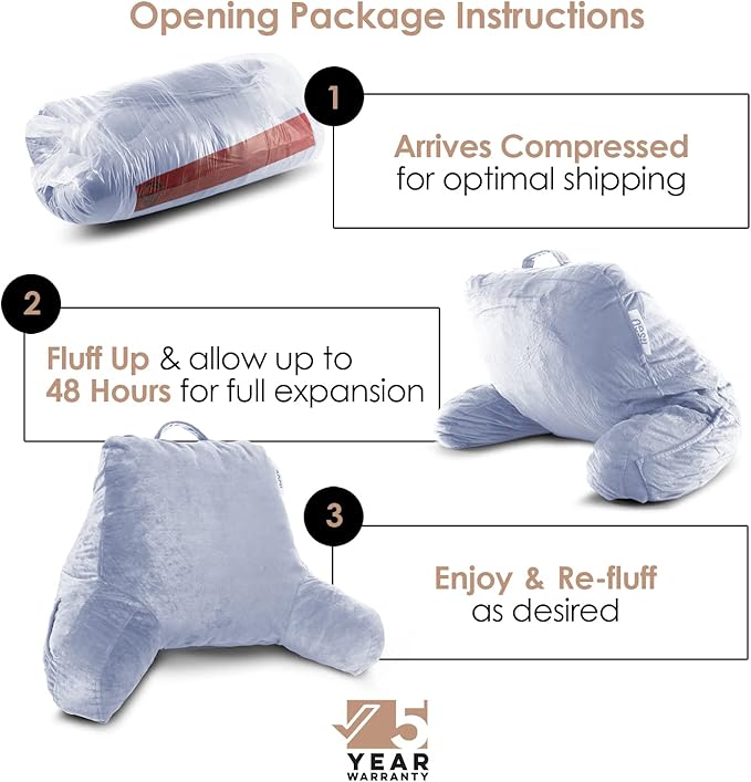 Nestl Reading Pillow Standard Bed Pillow, Back Pillow for Sitting in Bed Shredded Memory Foam Chair Pillow, Reading & Bed Rest Pillows Ice Blue Back Pillow for Bed, Bed Chair Arm Pillow with Pockets