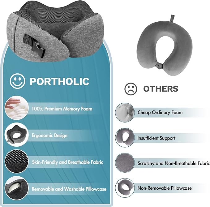 PORTHOLIC 2024 Upgraded Travel Neck Pillow with Buckle,100% Pure Memory Foam Travel Neck Pillow for Airplane Travel Flight Headrest Sleep, Portable Plane Accessories(Light Grey)