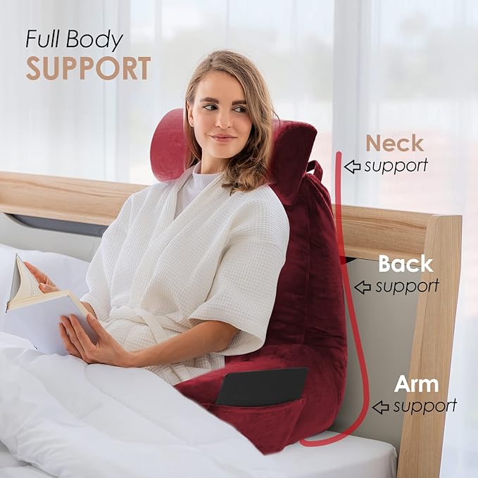 Nestl Reading Pillow Large Bed Pillow, Back Pillow for Sitting in Bed Shredded Memory Foam Chair Pillow, Reading & Bed Rest Pillows Red Back Pillow for Bed, Bed Chair Arm Pillow with Pockets