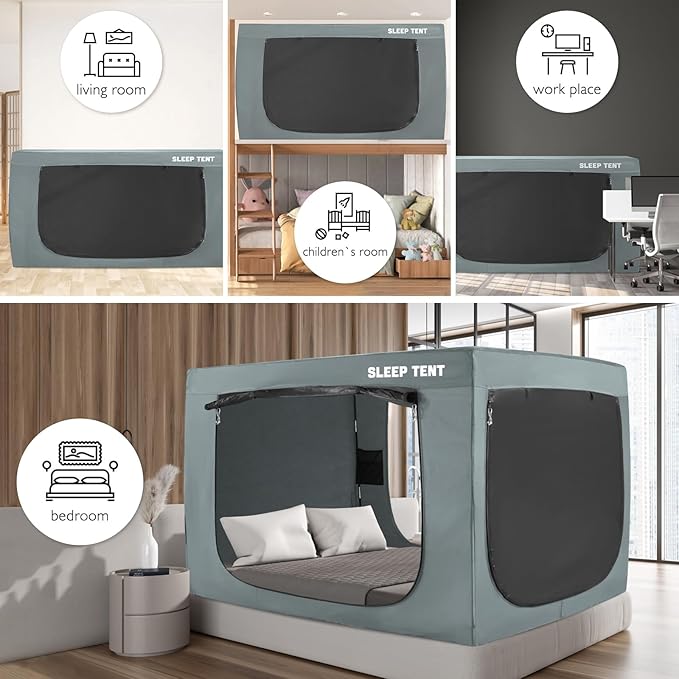 BORNA Bed Tent Full Bed Canopy for Indoor Portable Light Reducing Sleeping Canopy for Kids and Adult,Bunk Blackout Tents Breathable Privacy Space Tent Mosquito Netting for Bed(Pale Gray)