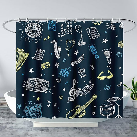 AILONEN Graffiti Note Music Shower Curtain,Hip Hop Music Art Bath Curtain Minimalist Bathroom Curtain 72" W*72" H Polyester Waterproof Bathroom Curtain with 12 Hooks