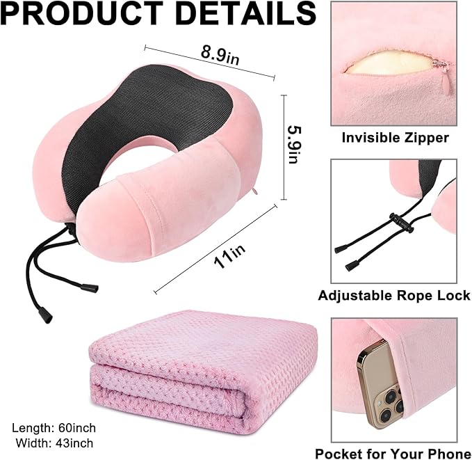 Travel Pillow and Blanket Set Neck Pillows Soft Blankets with Sleep Mask Travel Essentials for Airplane Car Memory Foam Pink