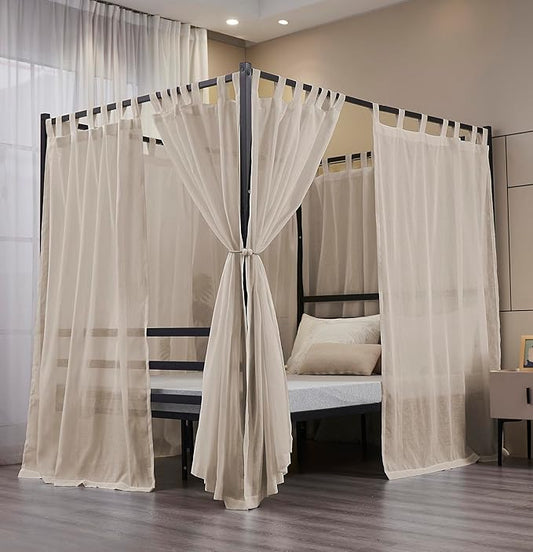 Mengersi Linen Canopy Bed Curtains for Twin,Full,Queen and King Size Bed,Bed Canopy Natural Blended Curtain Panels, 8 Panels Set (All Bed Sizes, Linen)