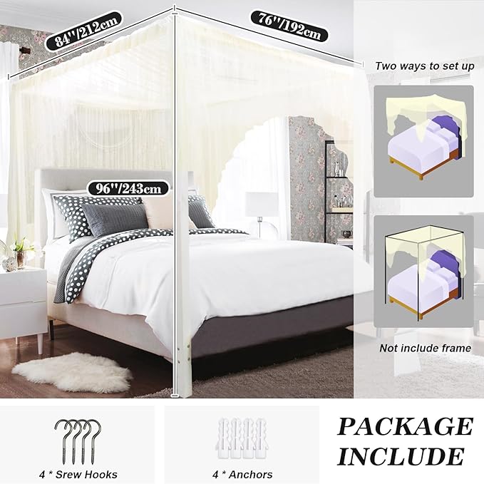 tupi Beige Canopy Bed Curtains for King/Queen/Full Size, 4 Poster Bed Canopy, Elegant Bed Drapes Bedroom Decor, Ultra Ripstop Polyester, Easy Installation