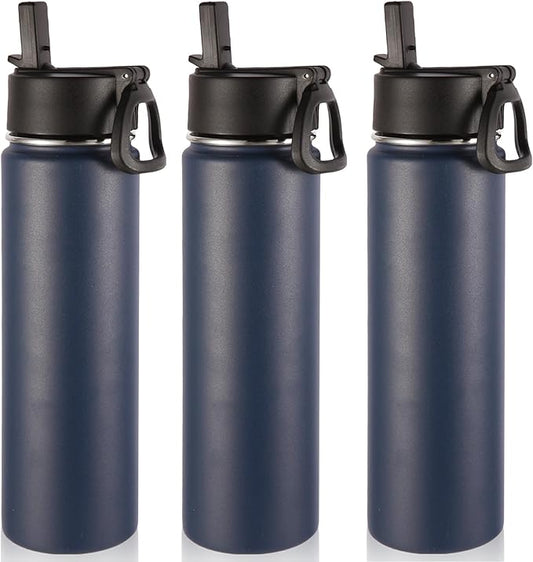 Volhoply 24oz Insulated Water Bottle With Straw Bulk 3 Pack,Metal Wide Mouth Water Bottles With Handle Lid Keep Cold,Reusable Double Wall Thermos,Powder Coated Sport Bottle For Holder(Navy,3 Count)
