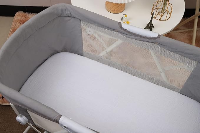 Muslin Bassinet Sheets 30"x 16" Compatible with Fisher-Price Soothing Motions and Dream On Me Lacy Baby Bassinet, 2 Pack 100% Cotton, White and Grey