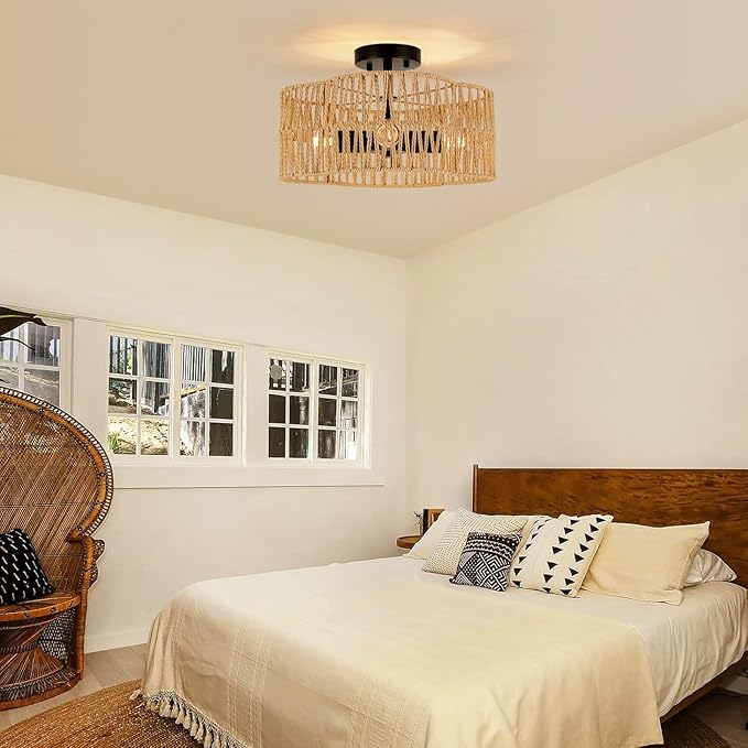 Boho Light Fixtures Ceiling Mount, 4-Light Farmhouse Rattan Ceiling Light Fixture, Semi Flush Mount Ceiling Light with Hand-Woven Shade, Modern Chandelier for Living Bedroom Kitchen Nursery