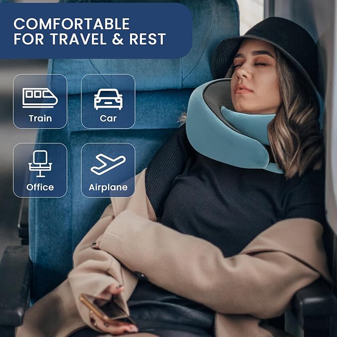 Travel Pillow, Pure Memory Foam Neck Pillow for Airplanes, Comfortable Breathable Cover, Stowable Pillows for Sleeping, Car, Airport Travel Essentials