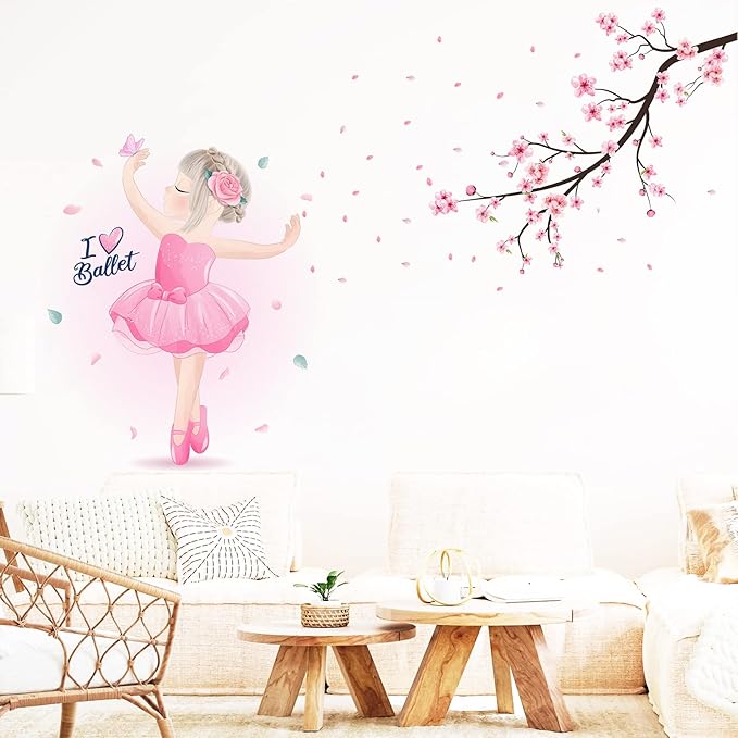 Pink Cherry Blossom Wall Decals, Dancing Ballet Girl Wall Stickers, Flower and Tree Branch Wall Decor, Removable Vinyl Wall Decor Mural Art for Baby Nursery Bedroom & Living Room Sofa TV Backdrop Decoration