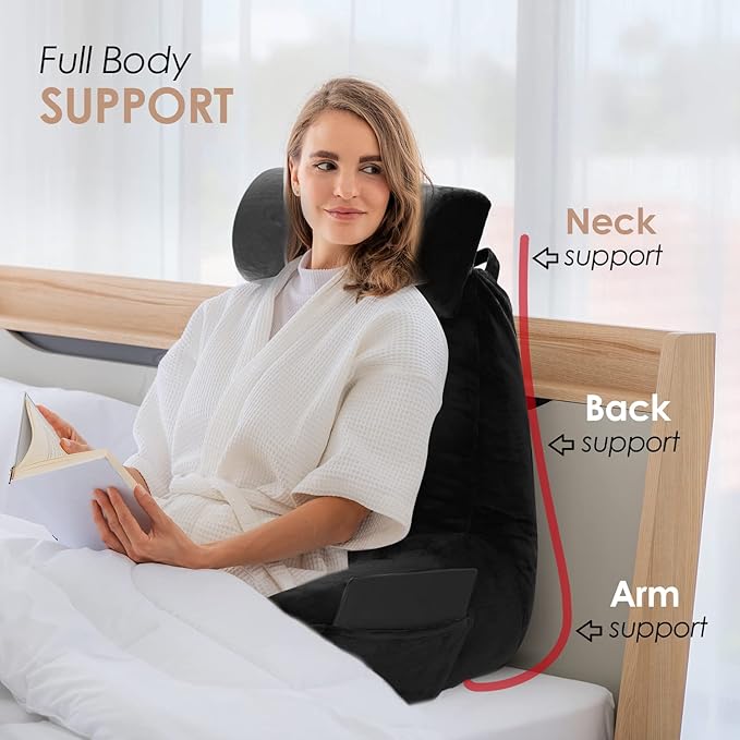 Nestl Reading Pillow Large Bed Pillow, Back Pillow for Sitting in Bed Shredded Memory Foam Chair Pillow, Reading & Bed Rest Pillows Black Back Pillow for Bed, Bed Chair Arm Pillow with Pockets