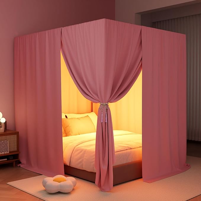 Pink Canopy Bed Curtains - 4 Corner Post Bed Curtains Twin Lightproof Drapes Bed Canopy Curtains with Tie Backs for Adults & Girls Bedroom Decoration(Pink,Twin)