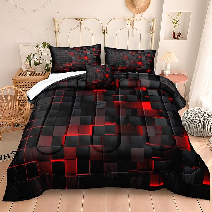Bedbay Black Checkered Comforter Set King Size Plaid Bedding 4 Pcs Stereoscopic Glowing Square Geometric Printing Quilt Set Boys Girls Black Red Grid Bedding Set King Duvet Set (Red Black,King)