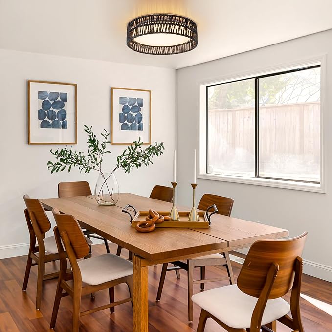 SineRise 12" Flush Mount Ceiling Light,25W LED Rattan Ceiling Light Fixture,Dimmable Handmade Boho Light Fixtures with Rattan,Farmhouse Lighting Fixtures Ceiling for Hallway Kitchen Bedroom(Black)