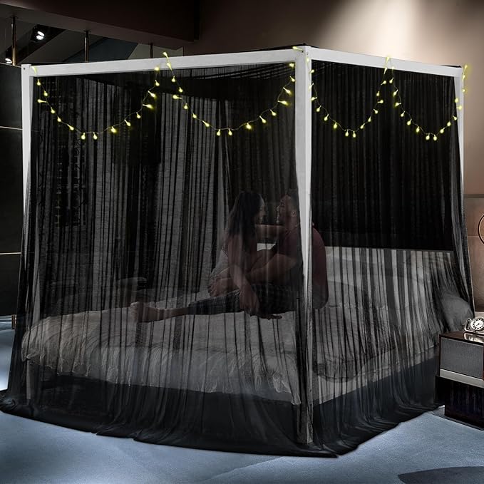 South to East Black Canopy Bed Curtains, 4 Corner Post Bed Canopy for Girls & Adults, Top Luxurious Bed Drapes for Bedroom Decoration, 4 Openings, 100% Ripstop Polyester, Easy Install, King/Queen Size