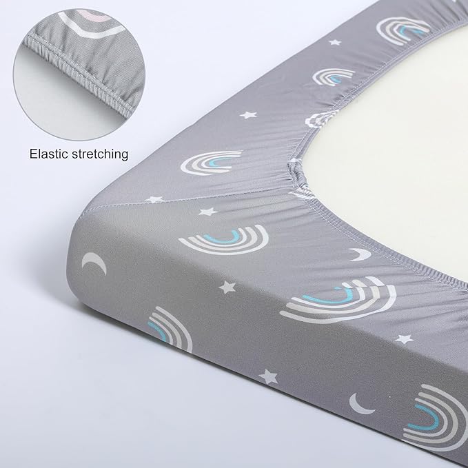 Pack n Play Fitted Sheet .2 Piece Mini Crib Sheet Stretch Playard Sheet Portable Sheet Set. Elastic Convertible Playard Sheet Set Compatible with Graco Pack n Play (Rainbow and Dinosaur Park)