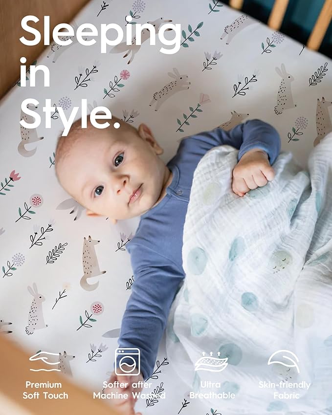 Boy Crib Sheets, TotBasic Premium Soft Crib Mattress Sheet Fitted, Ultra Breathable Crib Fitted Sheet, Super Stretchy Baby Bed Sheets 28''x52''x9'' Extra Deep Pocket (Woodland Deer & Rabbit Fox)